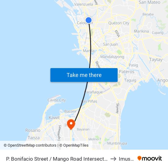 P. Bonifacio Street / Mango Road Intersection,  Malabon City to Imus City map