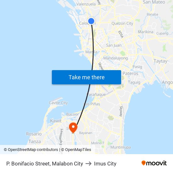 P. Bonifacio Street,  Malabon City to Imus City map