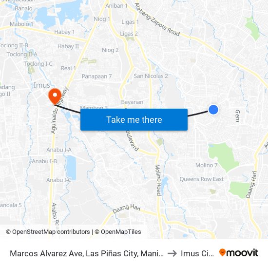 Marcos Alvarez Ave, Las Piñas City, Manila to Imus City map