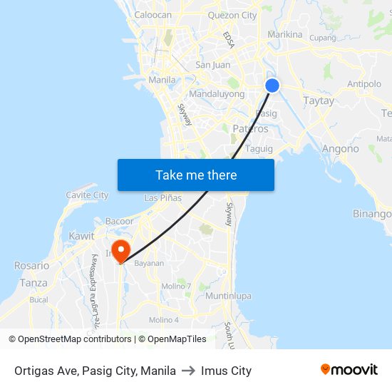 Ortigas Ave, Pasig City, Manila to Imus City map