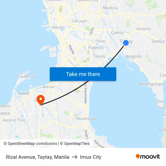 Rizal Avenue, Taytay, Manila to Imus City map