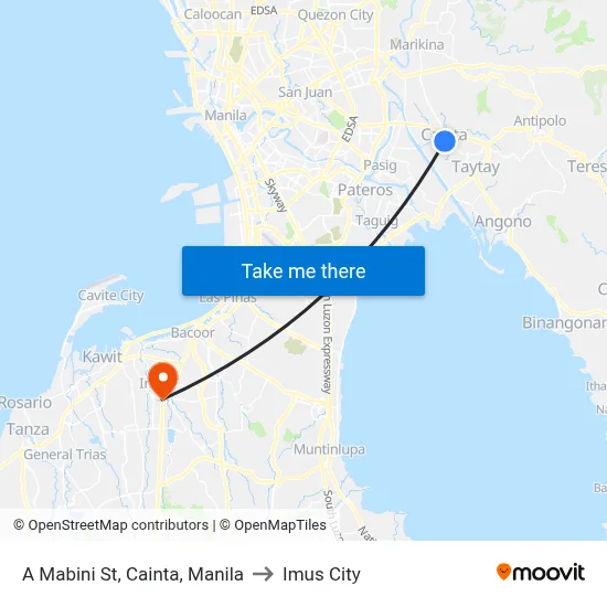 A Mabini St, Cainta, Manila to Imus City map