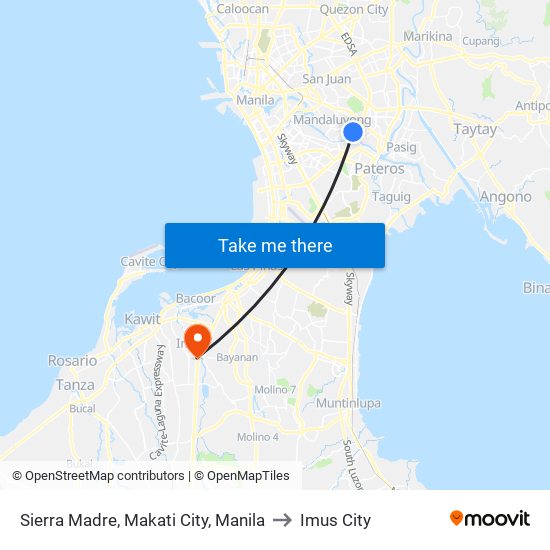 Sierra Madre, Makati City, Manila to Imus City map