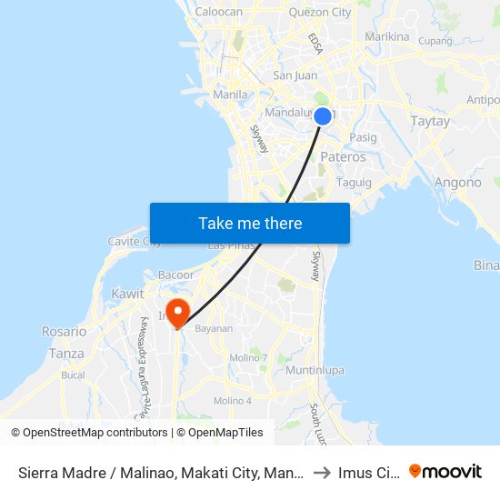 Sierra Madre / Malinao, Makati City, Manila to Imus City map