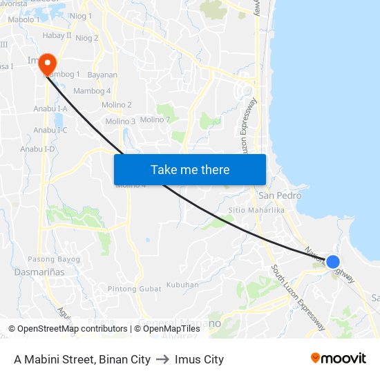 A Mabini Street, Binan City to Imus City map