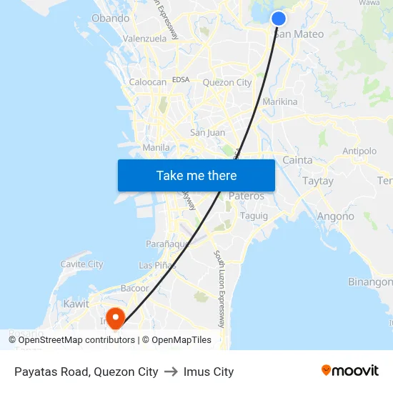 Payatas Road, Quezon City to Imus City map