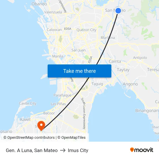 Gen. A Luna, San Mateo to Imus City map