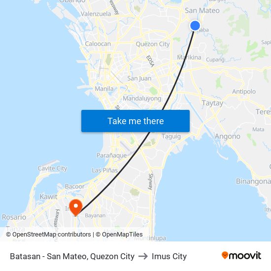 Batasan - San Mateo, Quezon City to Imus City map