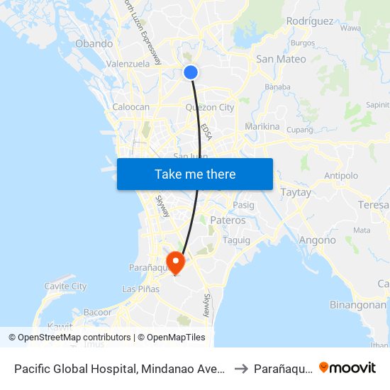 Pacific Global Hospital, Mindanao Avenue, Quezon City to Parañaque City map