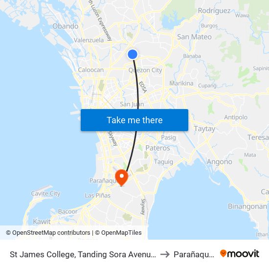 St James College, Tanding Sora Avenue, Quezon City to Parañaque City map