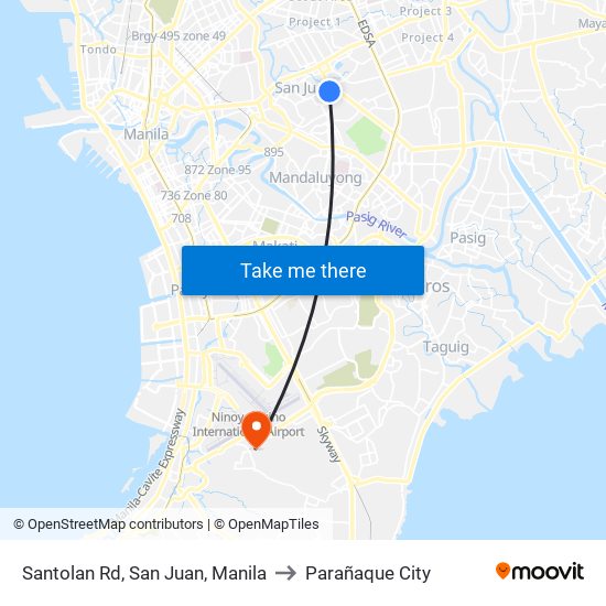 Santolan Rd, San Juan, Manila to Parañaque City map