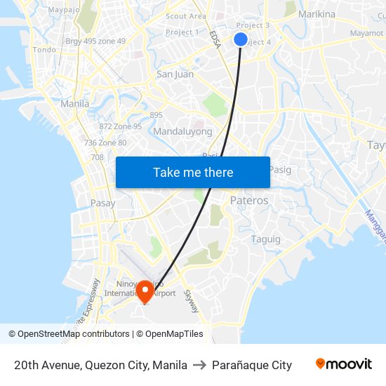 20th Avenue, Quezon City, Manila to Parañaque City map