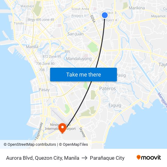 Aurora Blvd, Quezon City, Manila to Parañaque City map