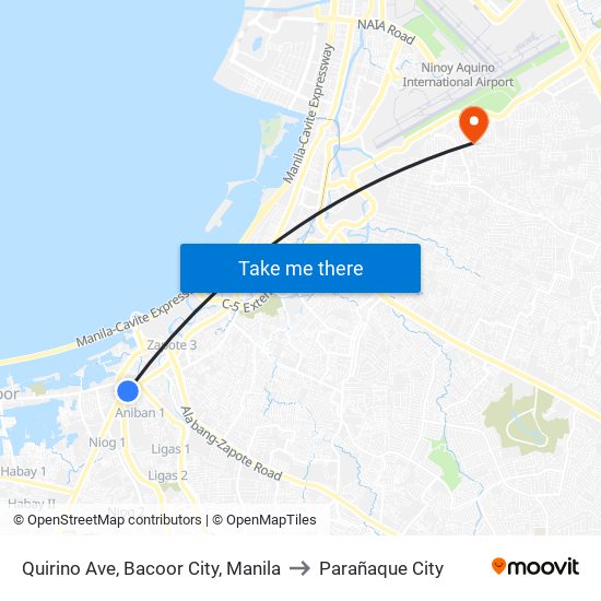 Quirino Ave, Bacoor City, Manila to Parañaque City map