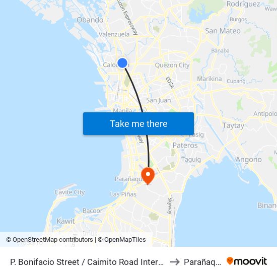 P. Bonifacio Street / Caimito Road Intersection,  Malabon City to Parañaque City map