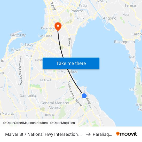 Malvar St / National Hwy Intersection, Biñan City, Manila to Parañaque City map