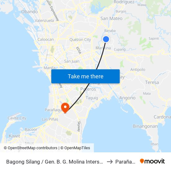 Bagong Silang / Gen. B. G. Molina Intersection, Marikina City, Manila to Parañaque City map