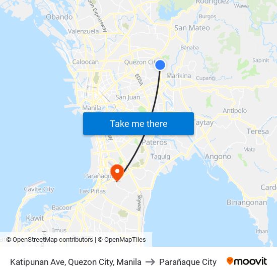 Katipunan Ave, Quezon City, Manila to Parañaque City map
