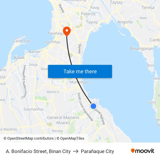 A. Bonifacio Street, Binan City to Parañaque City map