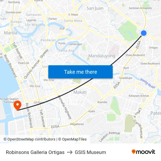Robinsons Galleria Ortigas to GSIS Museum map