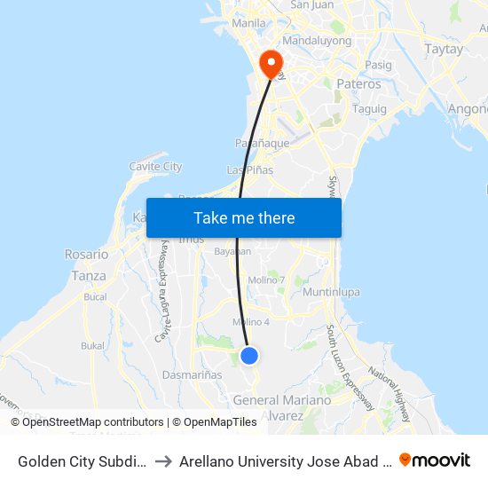 Golden City Subdivision to Arellano University Jose Abad Campus map
