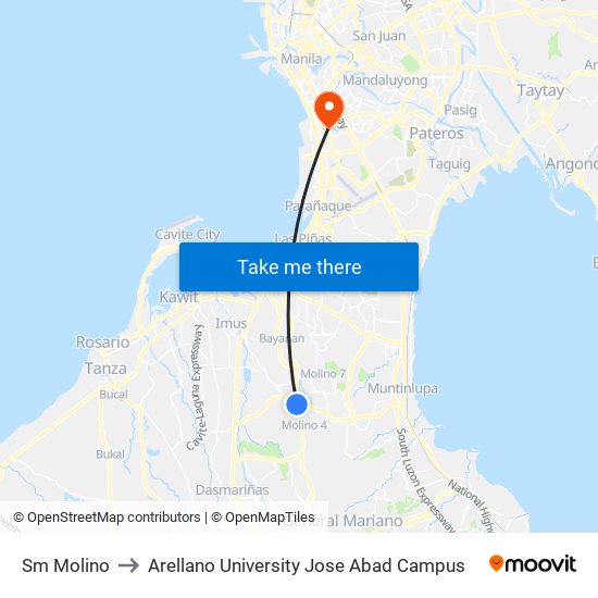 Sm Molino to Arellano University Jose Abad Campus map