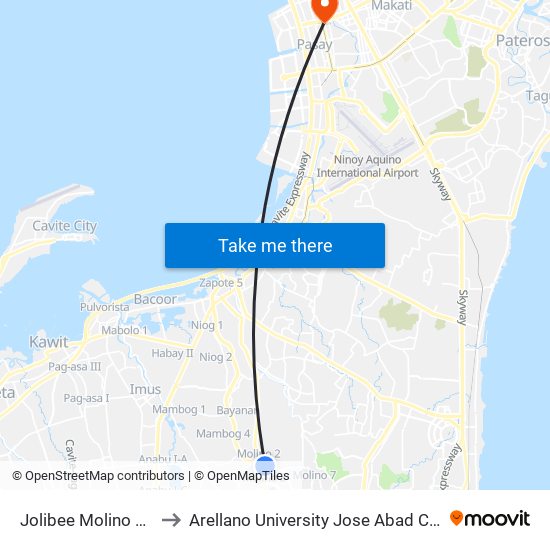 Jolibee Molino Road to Arellano University Jose Abad Campus map