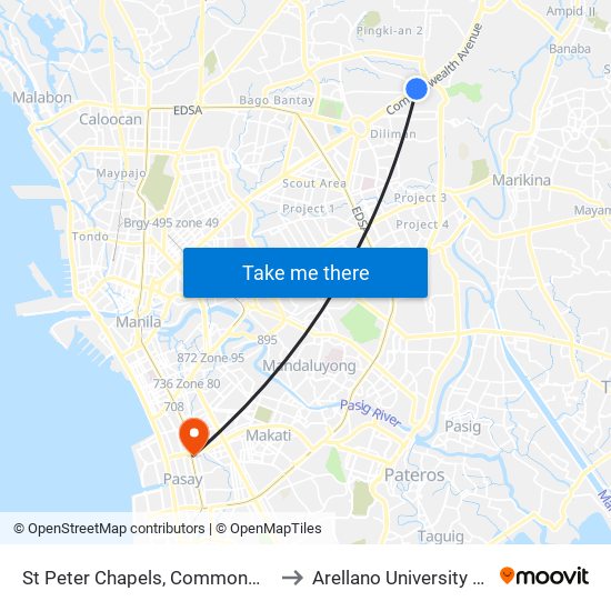St Peter Chapels, Commonwealth Avenue, Quezon City to Arellano University Jose Abad Campus map