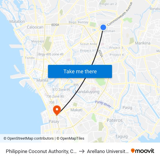 Philippine Coconut Authority, Commonwealth Avenue, Quezon City to Arellano University Jose Abad Campus map