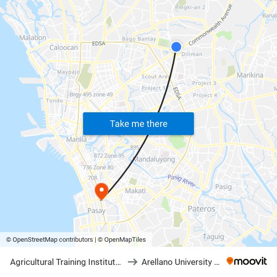 Agricultural Training Institute, Elliptical Rd, Quezon City to Arellano University Jose Abad Campus map