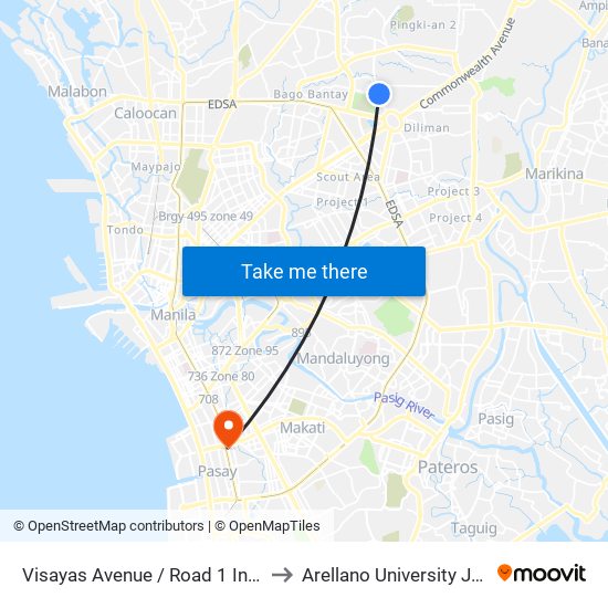 Visayas Avenue / Road 1 Intersection, Quezon City to Arellano University Jose Abad Campus map