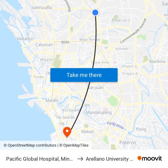 Pacific Global Hospital, Mindanao Avenue, Quezon City to Arellano University Jose Abad Campus map