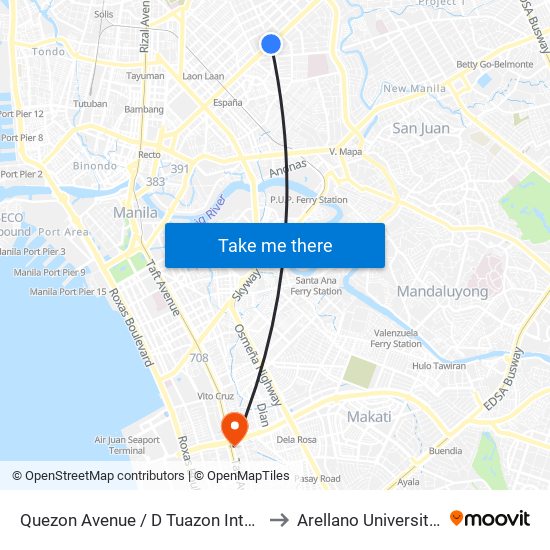 Quezon Avenue / D Tuazon Intersection West Bound, Quezon City to Arellano University Jose Abad Campus map