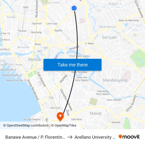 Banawe Avenue / P. Florentino Intersection, Quezon City to Arellano University Jose Abad Campus map