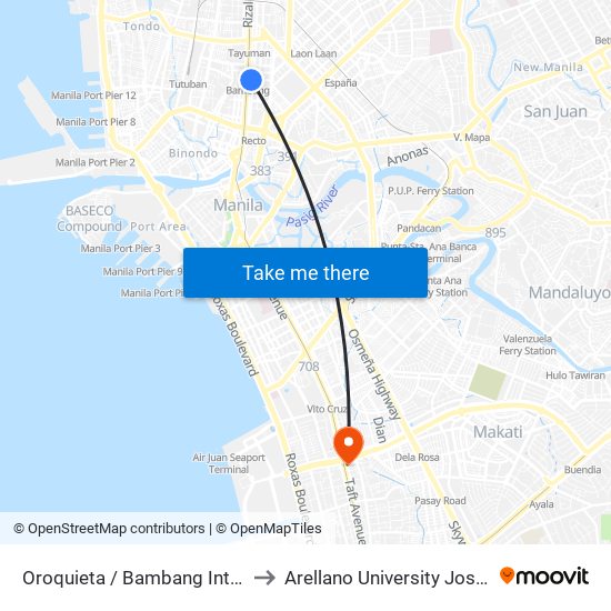 Oroquieta / Bambang Intersection, Manila to Arellano University Jose Abad Campus map