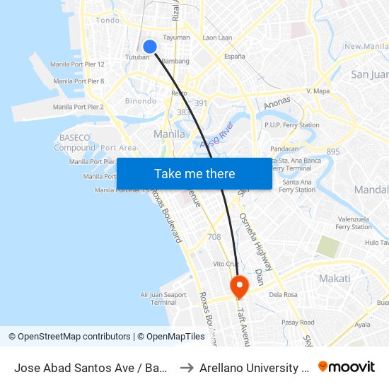 Jose Abad Santos Ave / Bambang Intersection., Manila to Arellano University Jose Abad Campus map