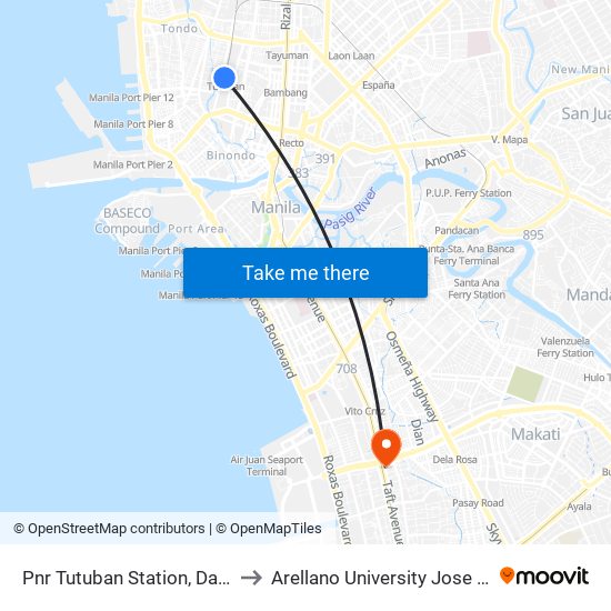 Pnr Tutuban Station, Dagupan, Manila to Arellano University Jose Abad Campus map