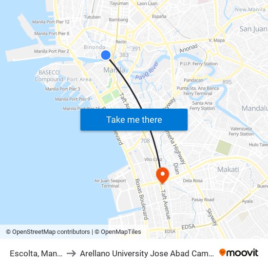 Escolta, Manila to Arellano University Jose Abad Campus map