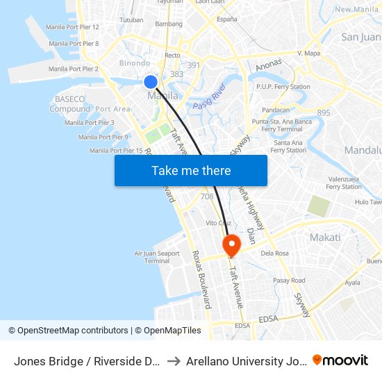 Jones Bridge / Riverside Dr Intersection, Manila to Arellano University Jose Abad Campus map
