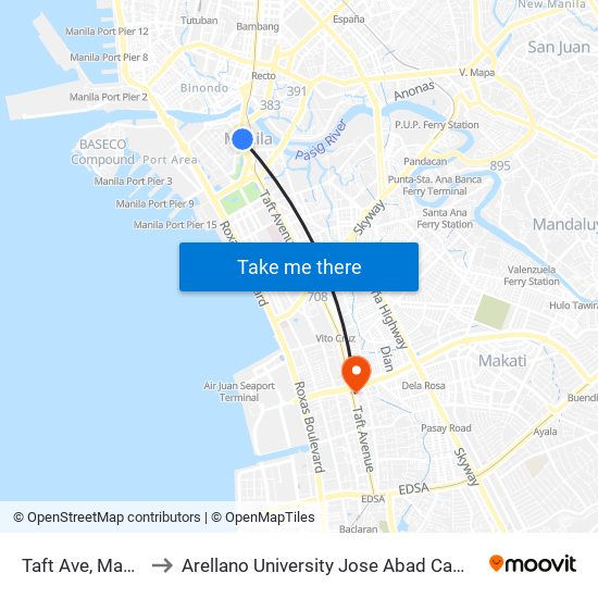 Taft Ave, Manila to Arellano University Jose Abad Campus map