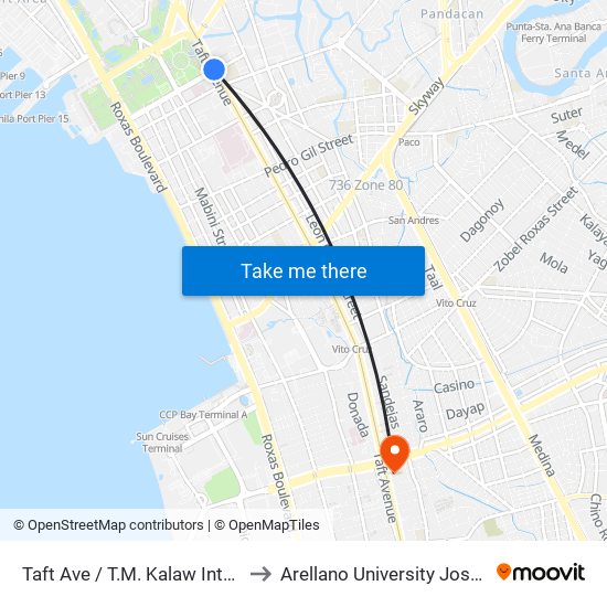 Taft Ave / T.M. Kalaw Intersection, Manila to Arellano University Jose Abad Campus map