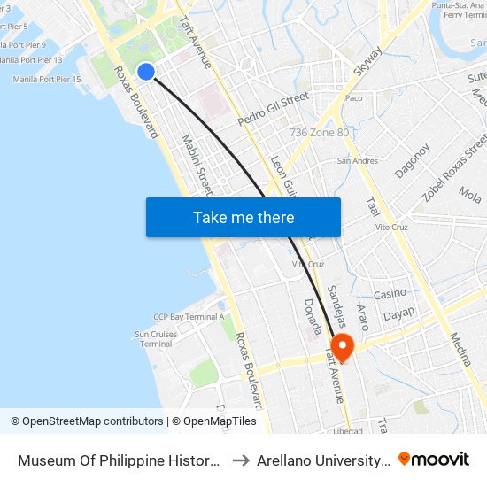 Museum Of Philippine History, Rizal Park, T.M. Kalaw, Manila to Arellano University Jose Abad Campus map