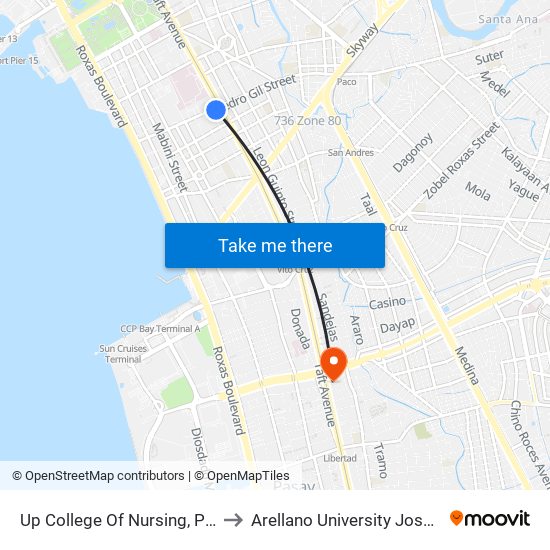 Up College Of Nursing, Pedro Gil, Manila to Arellano University Jose Abad Campus map