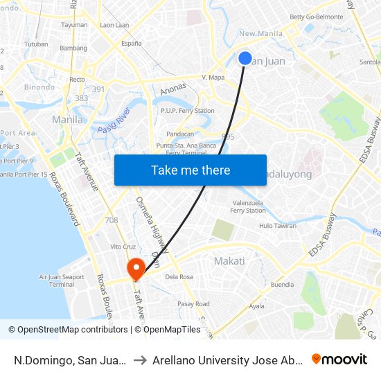 N.Domingo,  San Juan, Manila to Arellano University Jose Abad Campus map