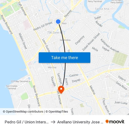 Pedro Gil / Union Intersection, Manila to Arellano University Jose Abad Campus map