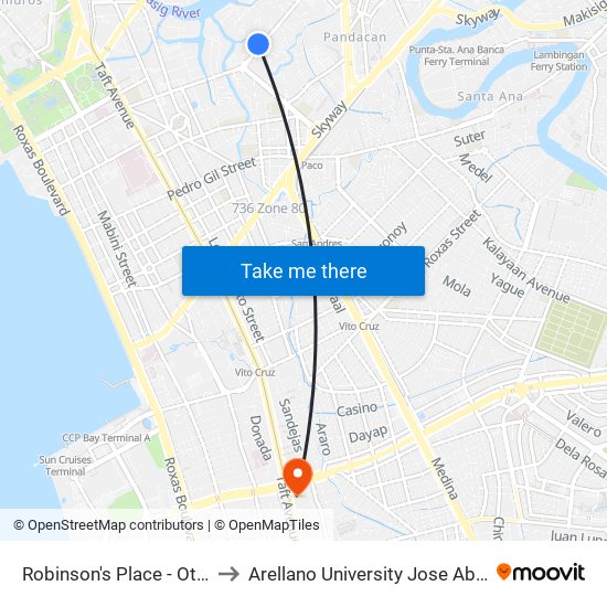 Robinson's Place - Otis, Manila to Arellano University Jose Abad Campus map