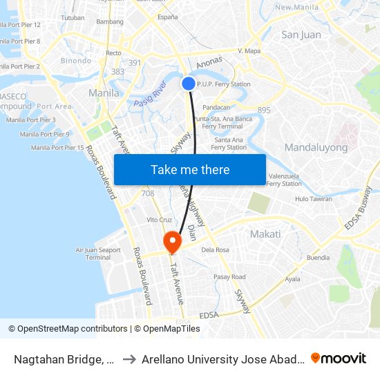 Nagtahan Bridge, Manila to Arellano University Jose Abad Campus map