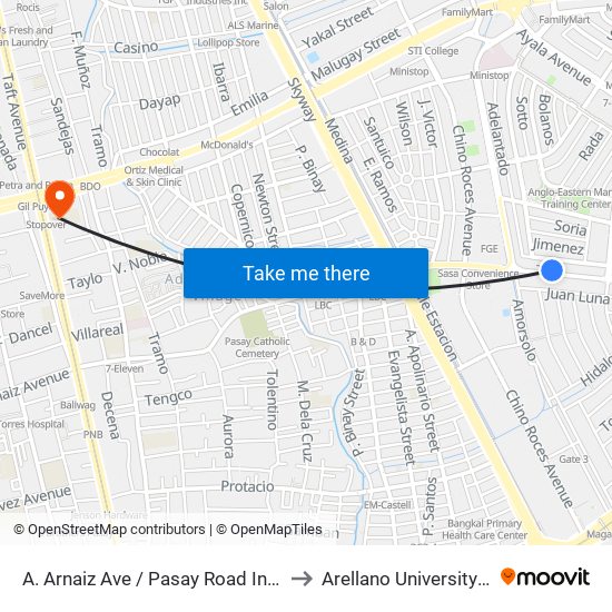 A. Arnaiz Ave / Pasay Road Intersection, Makati City, Manila to Arellano University Jose Abad Campus map