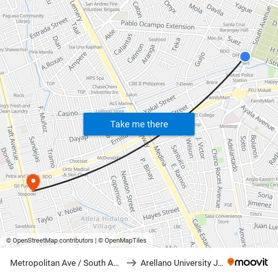 Metropolitan Ave / South Avenue, Makati City, Manila to Arellano University Jose Abad Campus map