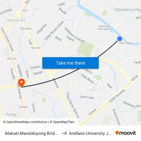 Makati-Mandaluyong Bridge, Makati City, Manila to Arellano University Jose Abad Campus map